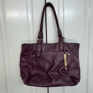 Cole Haan Plum Leather Dual Strap Handbag Beige Interior